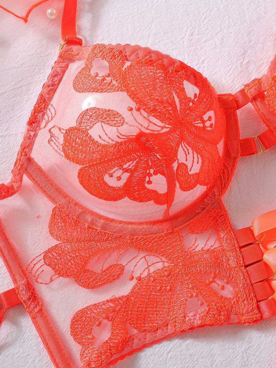 Floral Embroidered Lace Up Bra Set