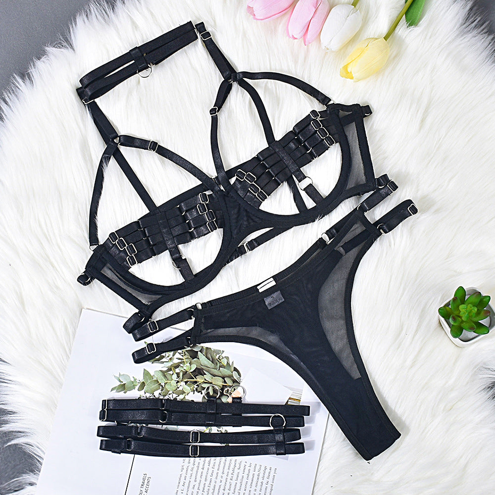 Yomorio Open Cup Bra Set | Strappy Mesh Lingerie in Various Colors