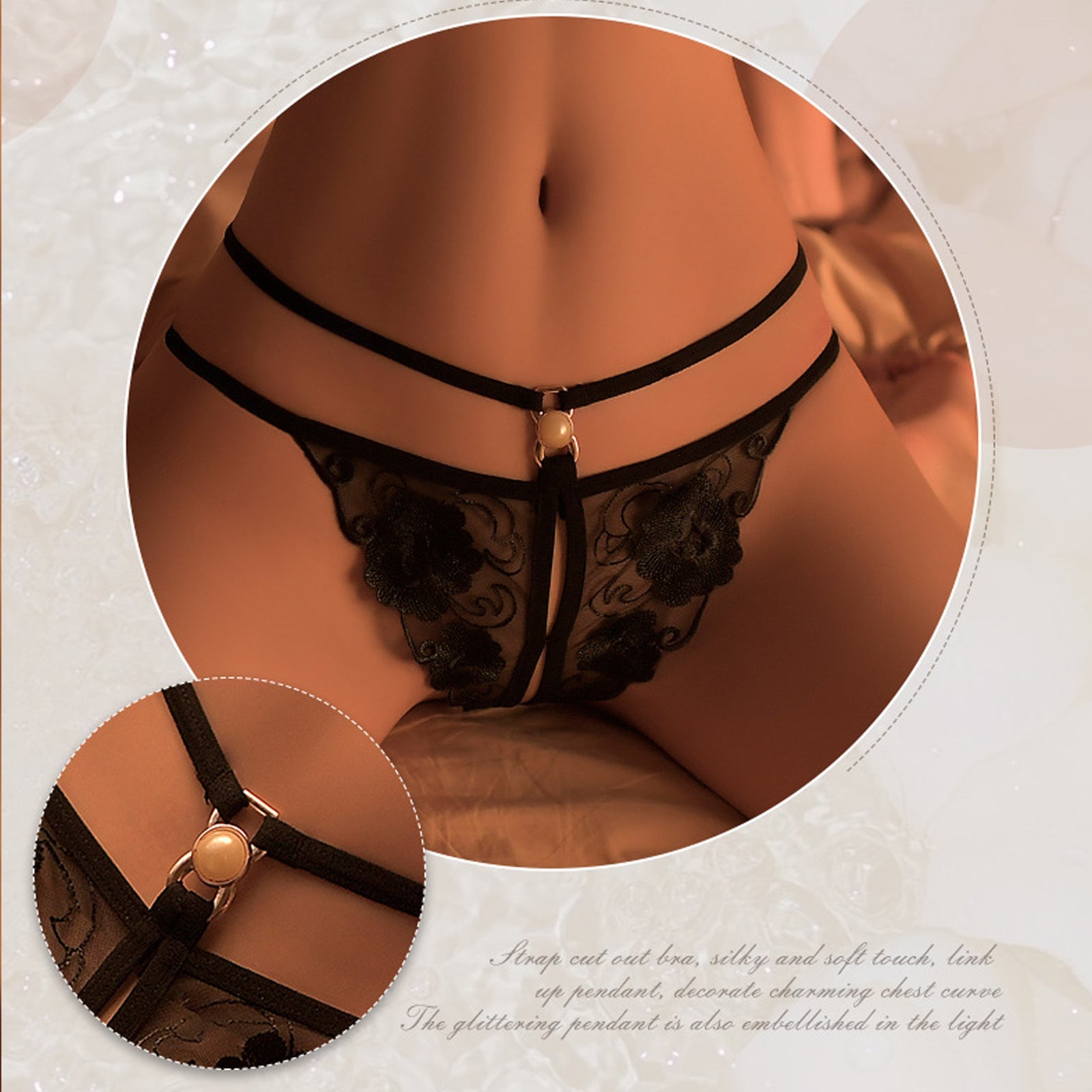 Yomorio Sheer Panty with Double Strapped Waistband and Pearl Accents