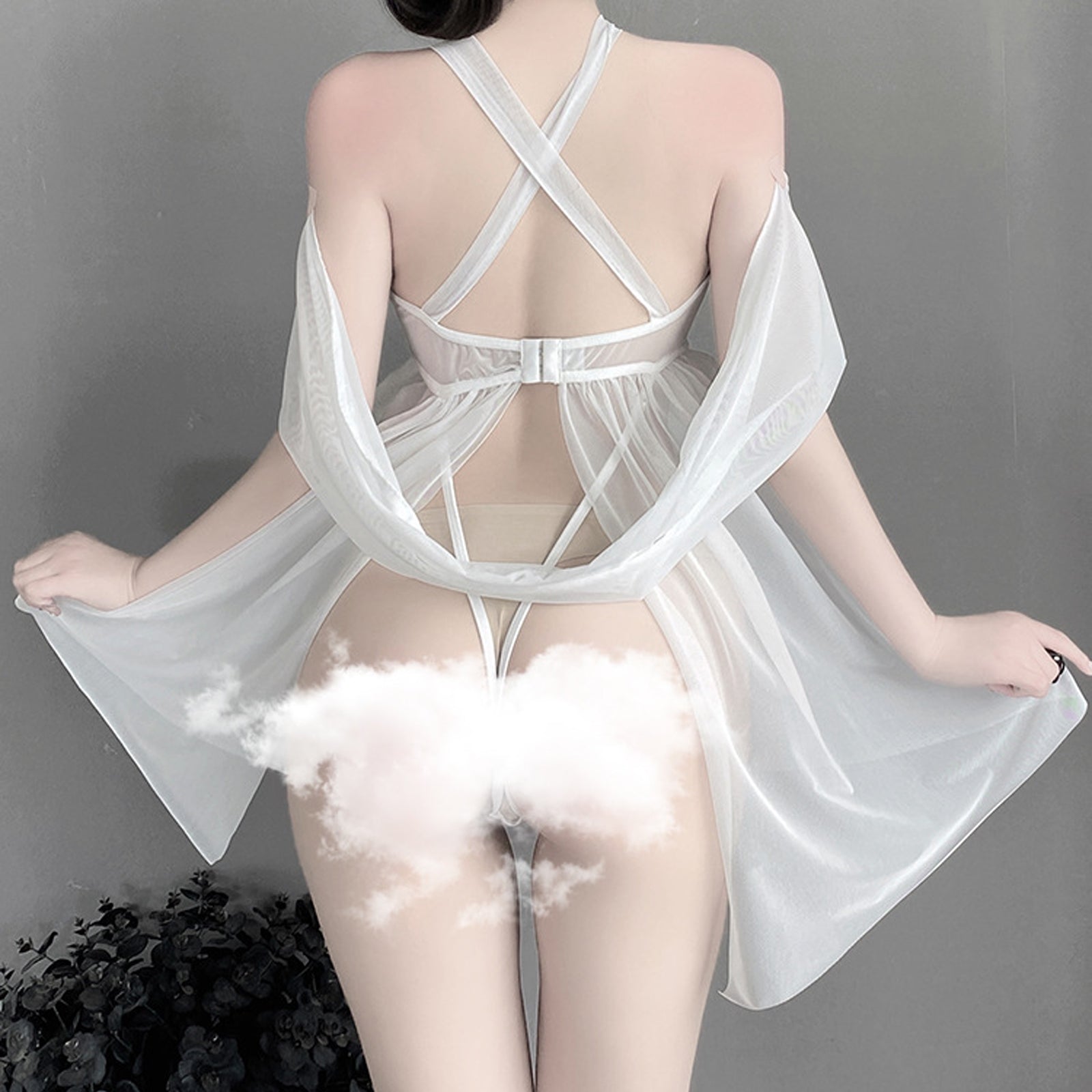 Yomorio Sheer Mesh Lingerie Criss Cross Halter Nighties Teddy Set