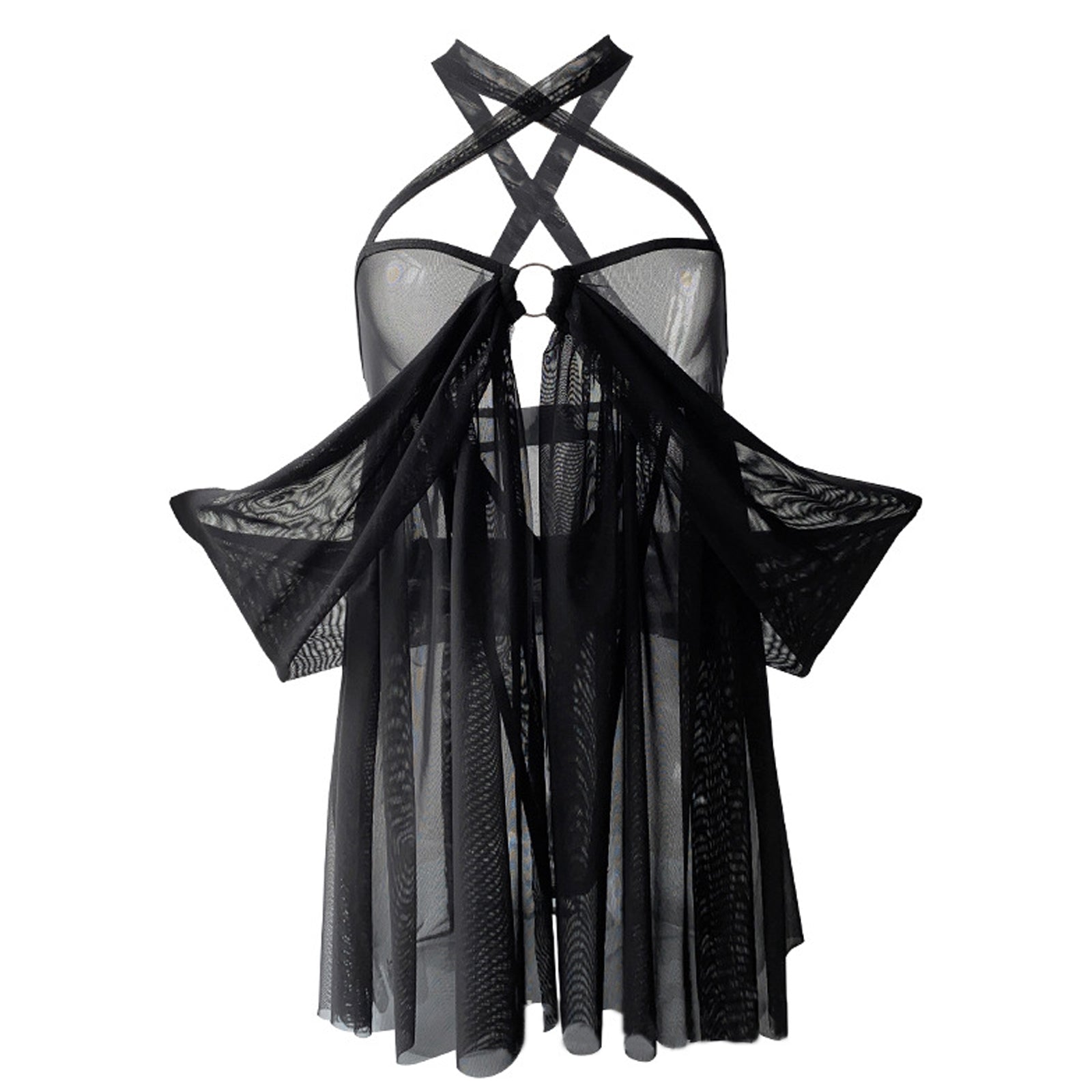 Yomorio Sheer Mesh Lingerie Criss Cross Halter Nighties Teddy Set