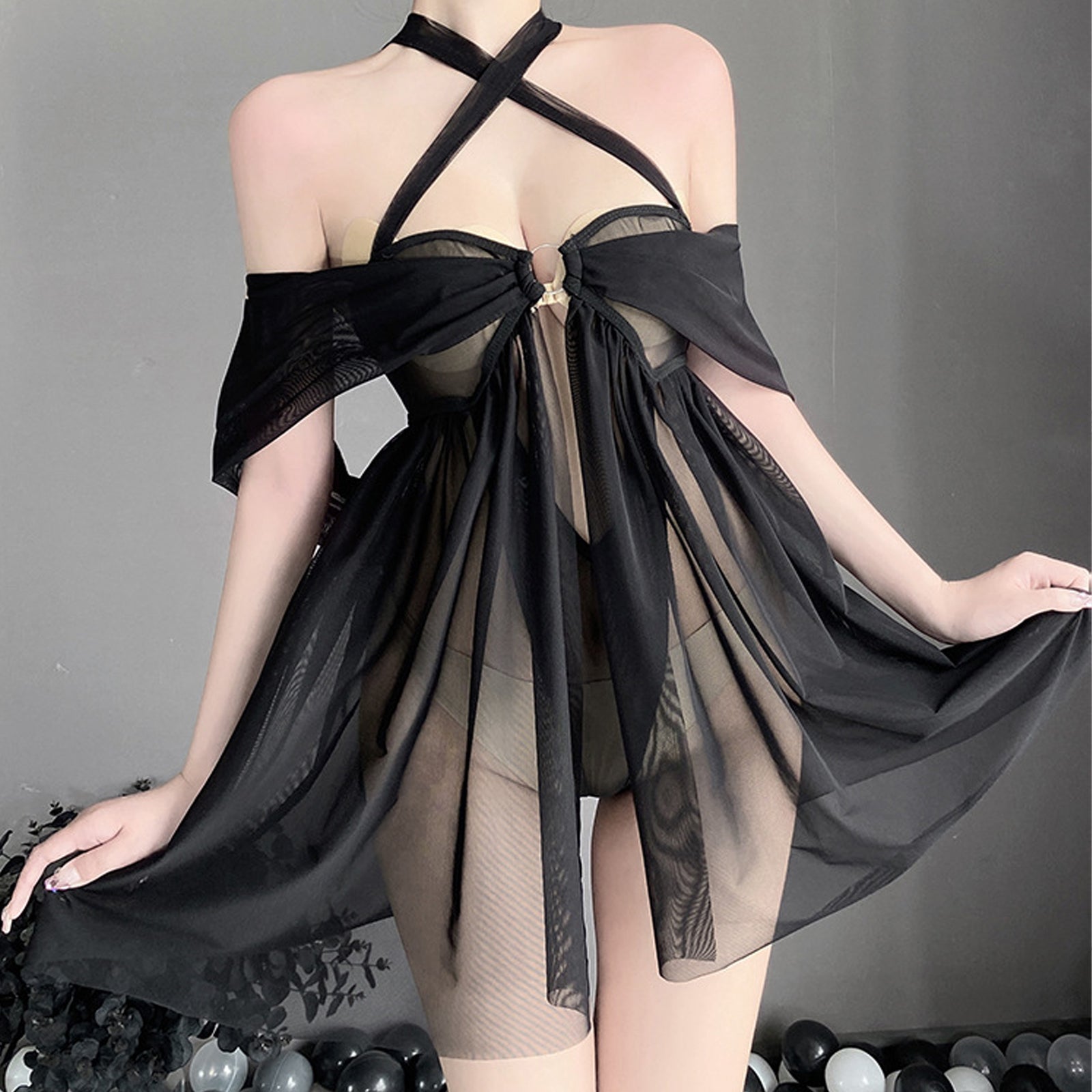 Yomorio Sheer Mesh Lingerie Criss Cross Halter Nighties Teddy Set