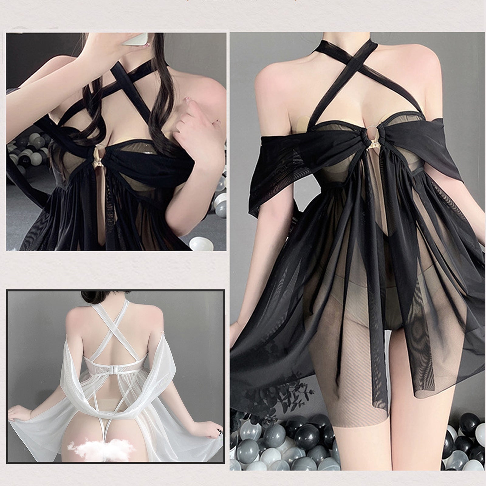 Yomorio Sheer Mesh Lingerie Criss Cross Halter Nighties Teddy Set