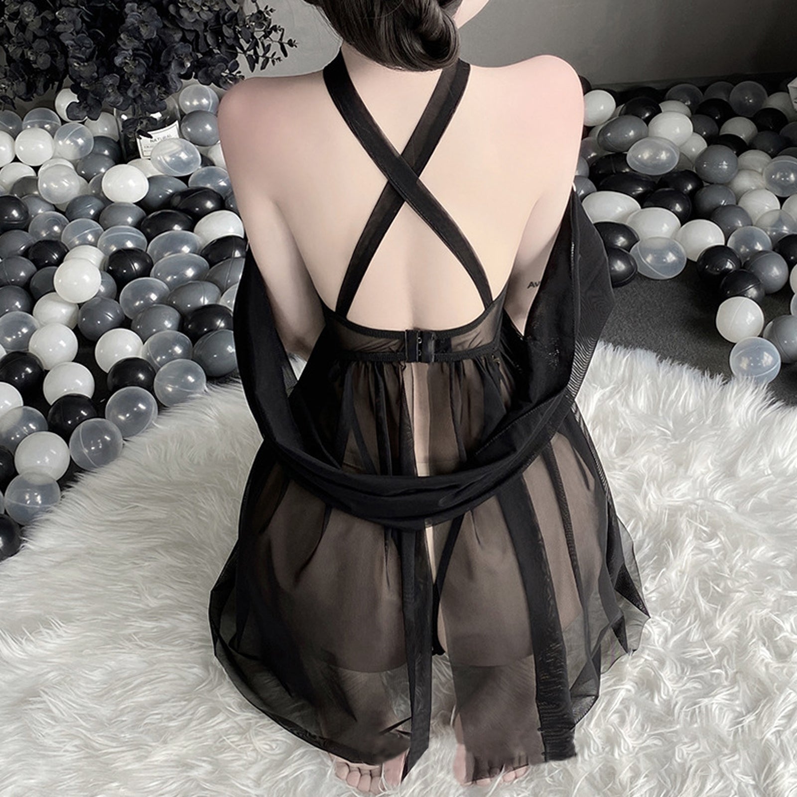 Yomorio Sheer Mesh Lingerie Criss Cross Halter Nighties Teddy Set
