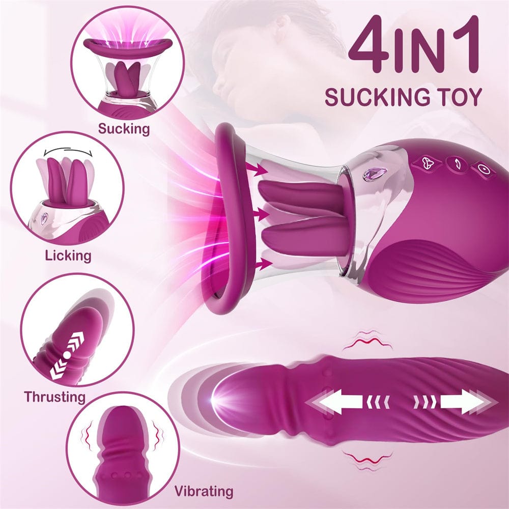Aroselove - Rose Sex Toy 4 In1 Tongue Licking Thrusting G Spot Vibrator Clitoral Nipple Sucker Pump Stimulator - Aroselove