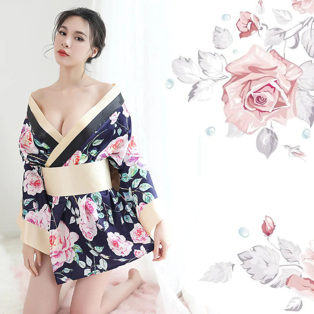 Sexy Japanese Kimono Lingerie for Women Deep V Floral Bathrobe Anime Cosplay Costume
