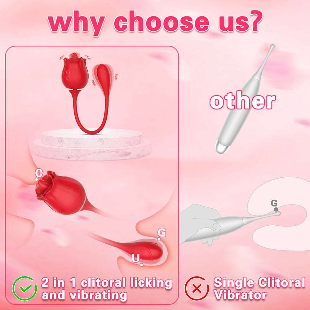 Aroselove - 2 In 1 Rose Clitoris Vibrator Tongue Licking Thrusting Vibrator Nipple Stimulator