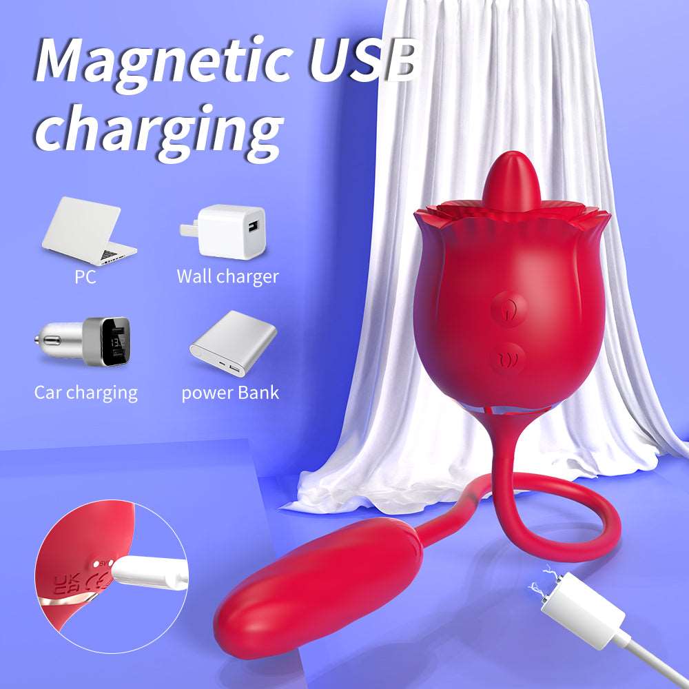 Aroselove - 2 In 1 Rose Toy Thrusting Dildo Vibrator With 9 Tongue Licking 9 Thrusting Vibrating