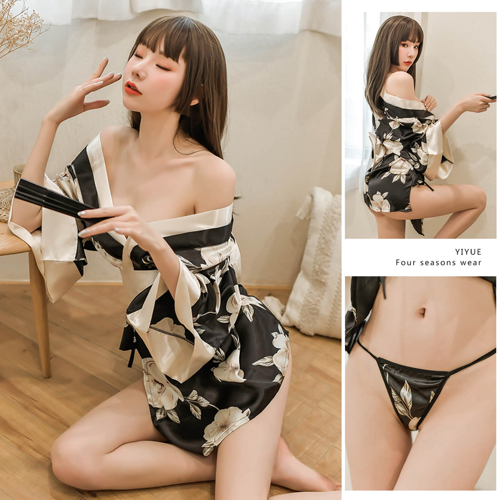 Japanese Women's Kimono Dress Sweet Floral Print Bathrobe Yukata Uniform Cosplay Costume