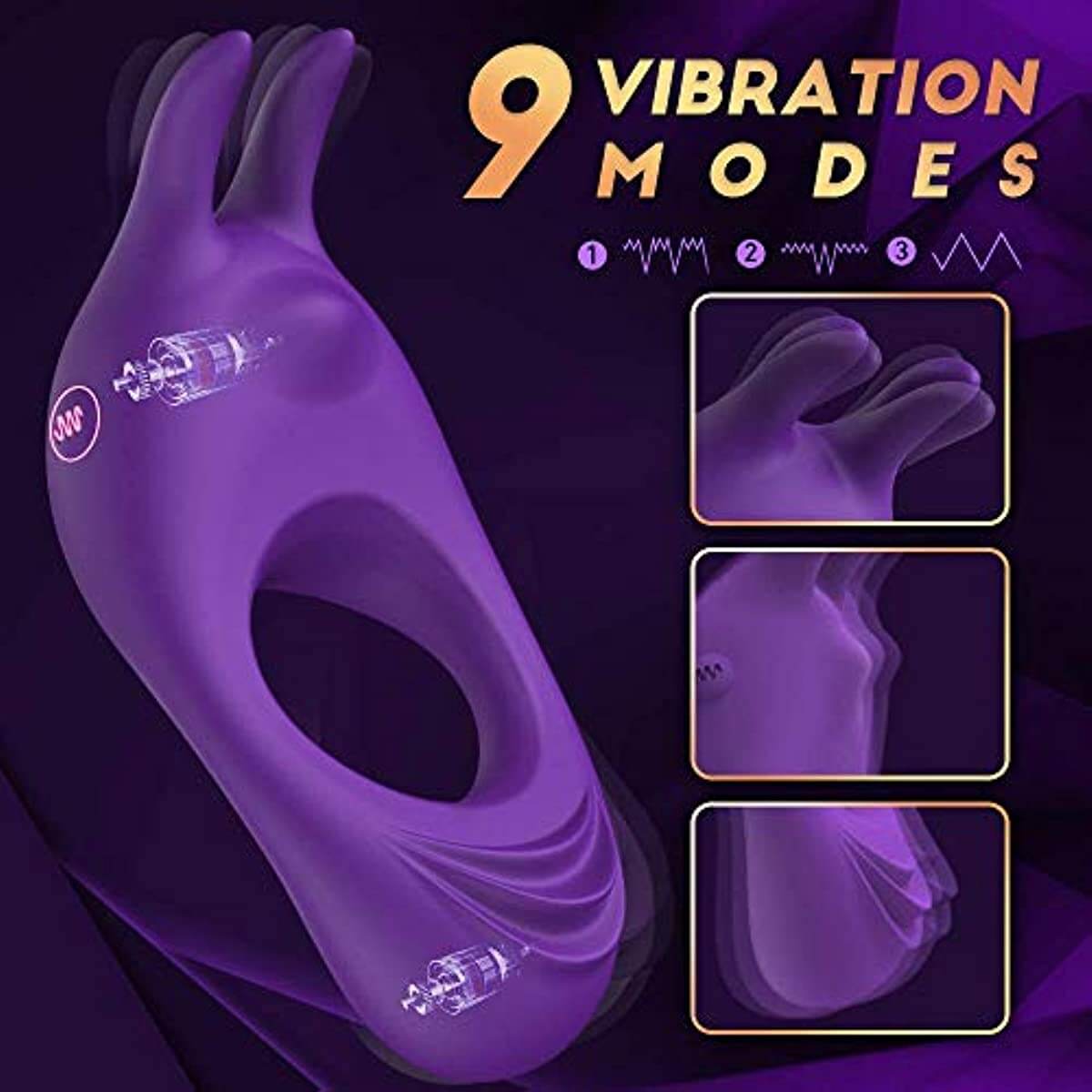 9 Vibrating Rabbit Purple Cock Ring For Couple Play
