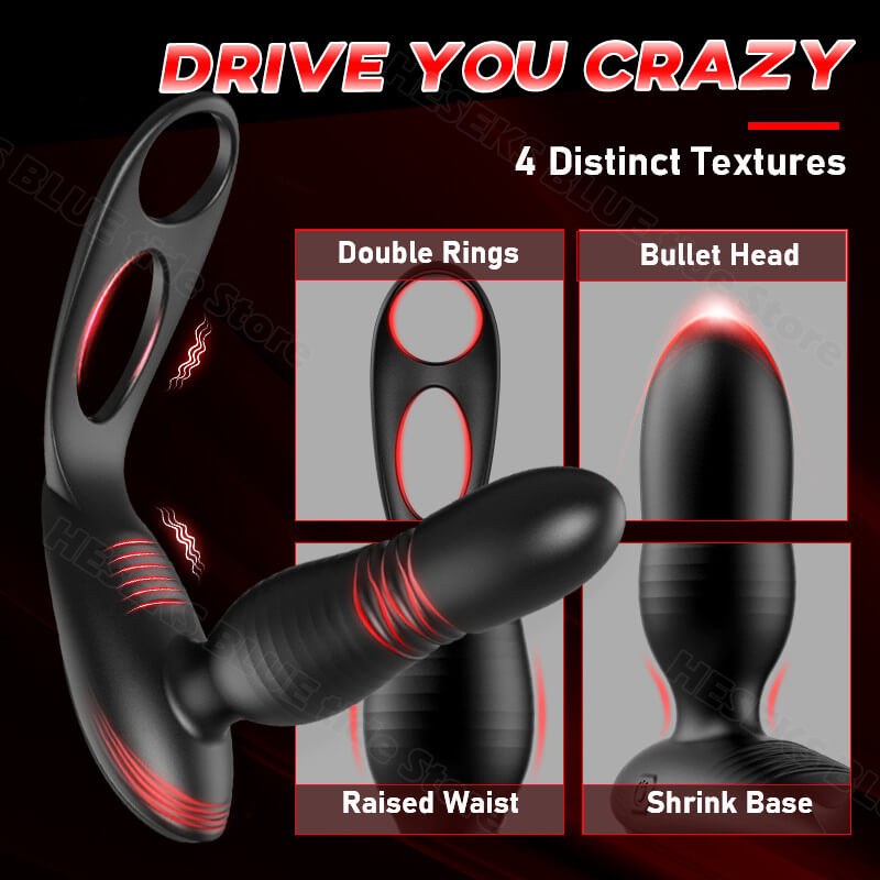 Alfred Low Noise 10 Thrusting & Vibrating Double Cock Rings Silicone Prostate Massager