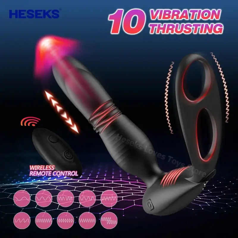 Alston Low Noise 10 Thrusting & Vibrating Double Cock Rings Silicone Prostate Massager
