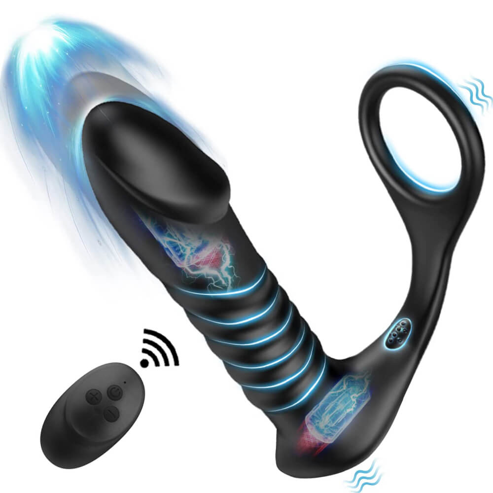 FIGHTER-10 Thrilling Vibration 3 Thrusting Silicone Remote Control Cock Ring Anal Vibrator