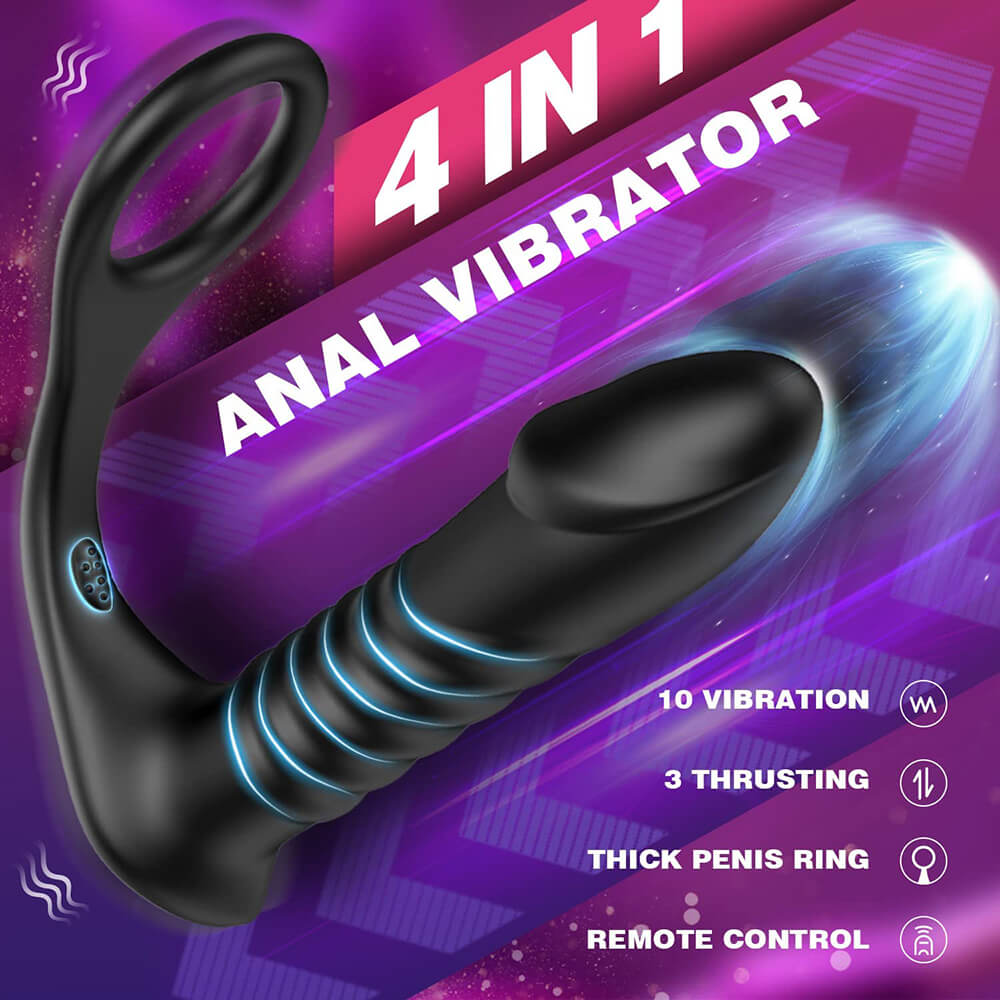 FIGHTER-10 Thrilling Vibration 3 Thrusting Silicone Remote Control Cock Ring Anal Vibrator
