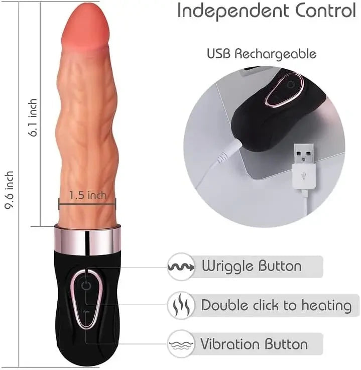 Riley 7 Wriggling Quiet 9 Vibrating Heating Vaginal Anal Vibrator Lifelike Dildo 9.65 Inch