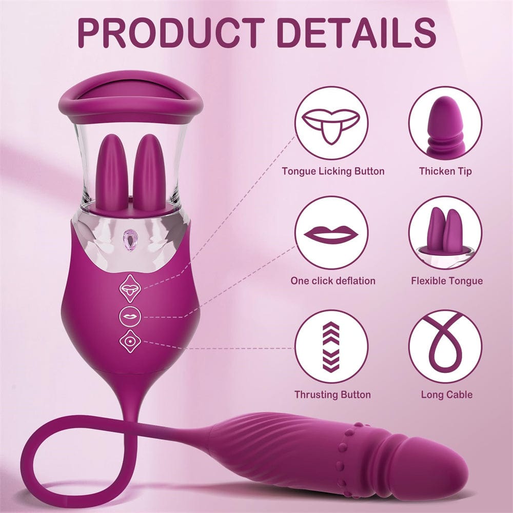 Aroselove - Rose Sex Toy 4 In1 Tongue Licking Thrusting G Spot Vibrator Clitoral Nipple Sucker Pump Stimulator - Aroselove