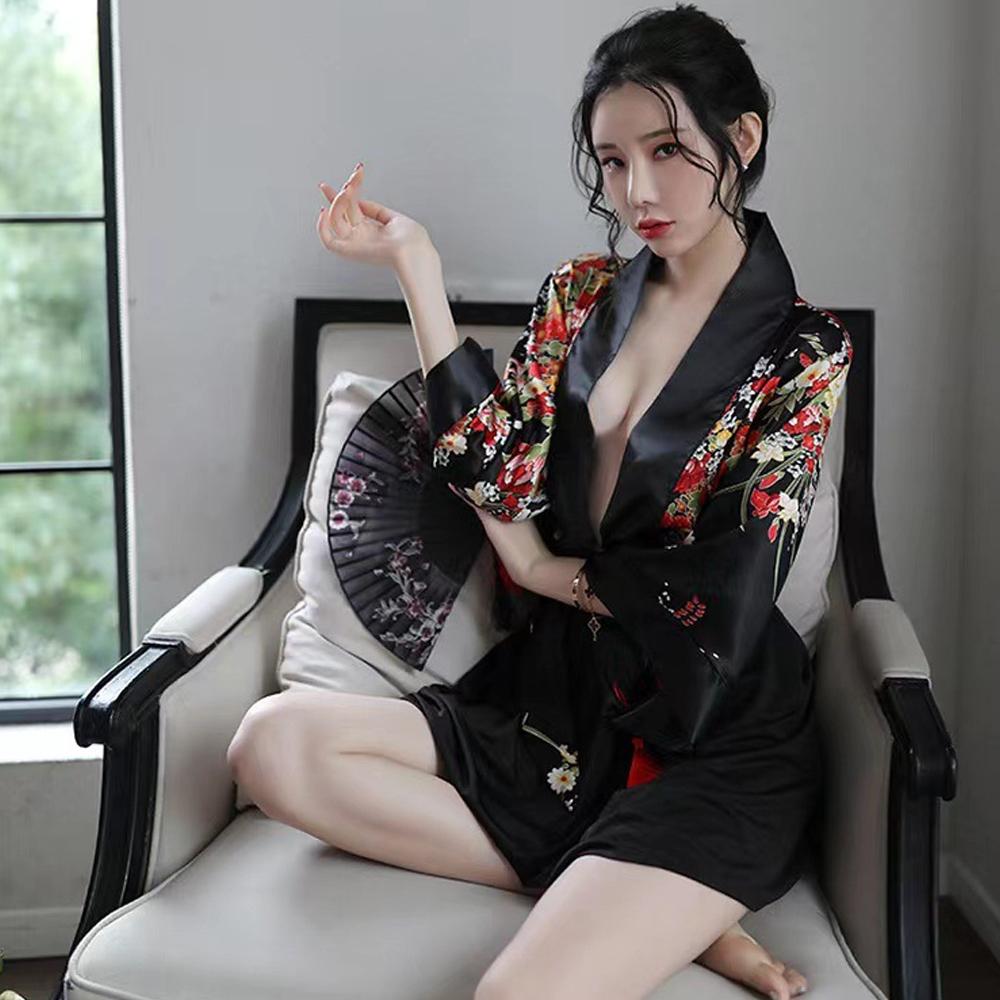 Japanese Kimono Costume Sexy Floral Robe Deep V Semi Sheer Lingerie