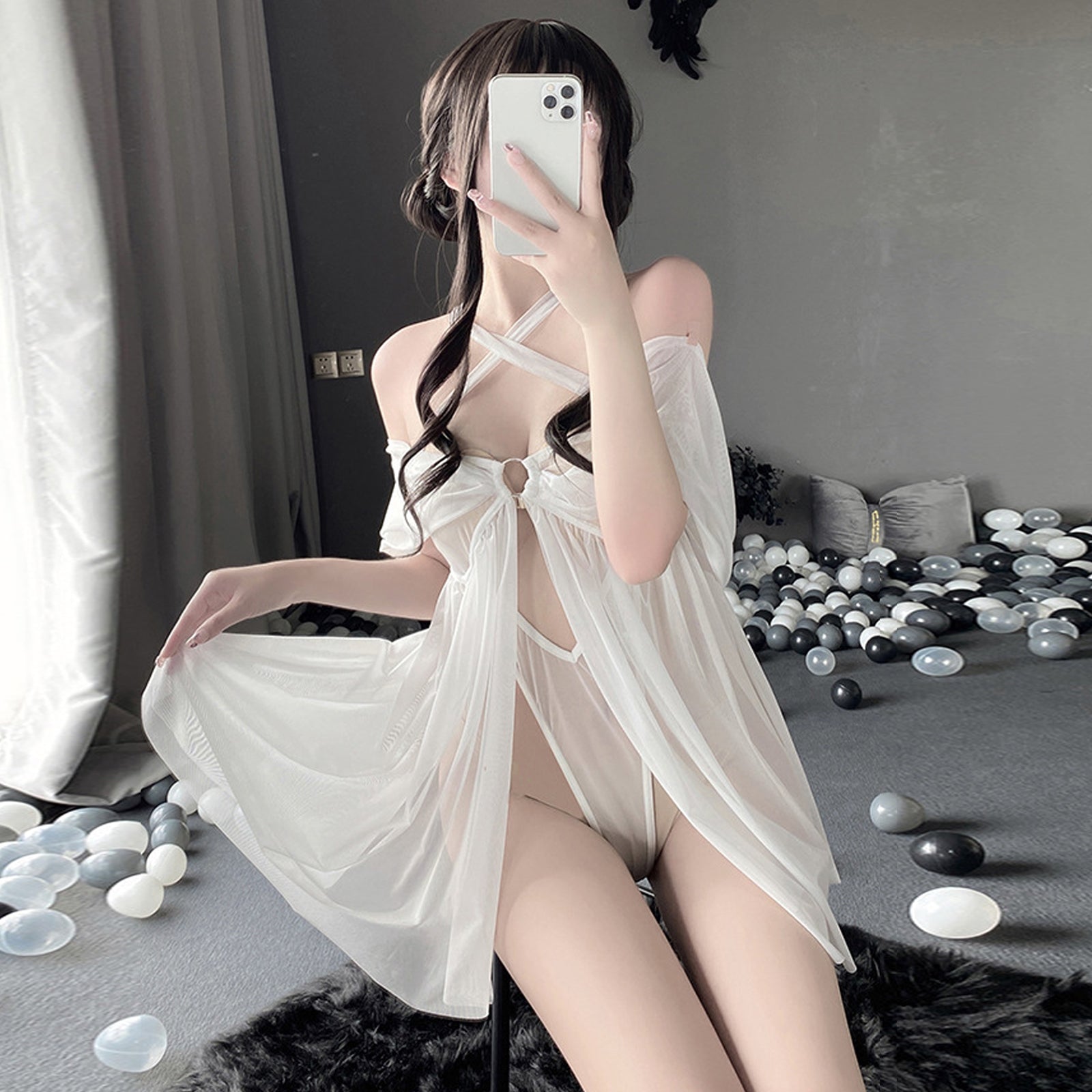 Yomorio Sheer Mesh Lingerie Criss Cross Halter Nighties Teddy Set